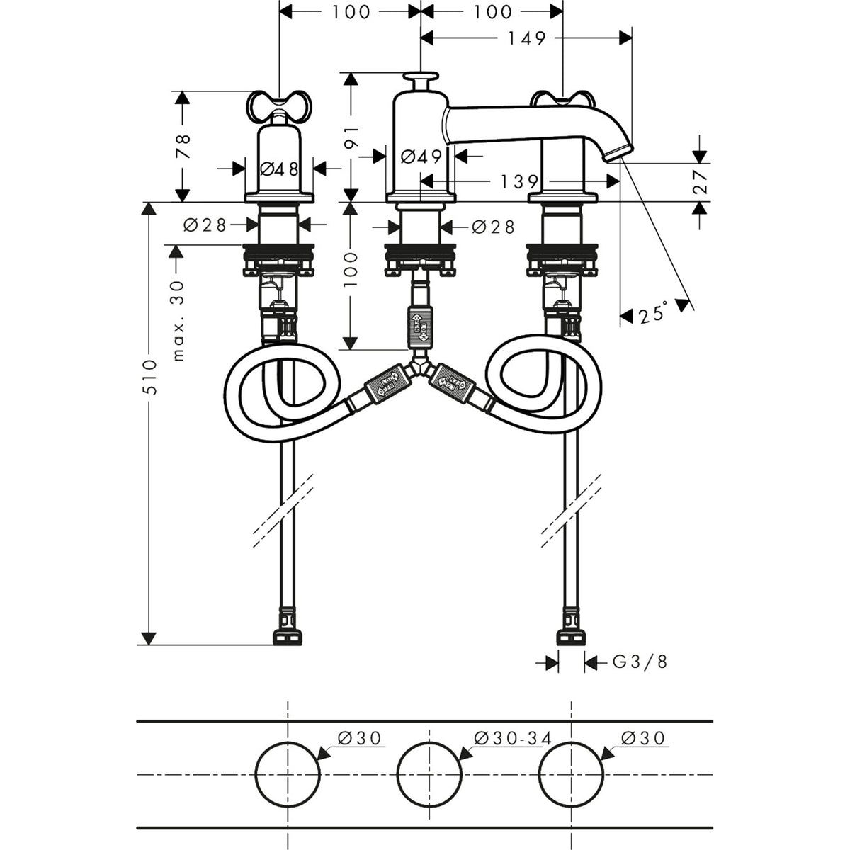 AXOR-Archivio-3-hole-basin-mixer-30-with-cross-handles-and-pop-up-waste-set-34024-technical-01