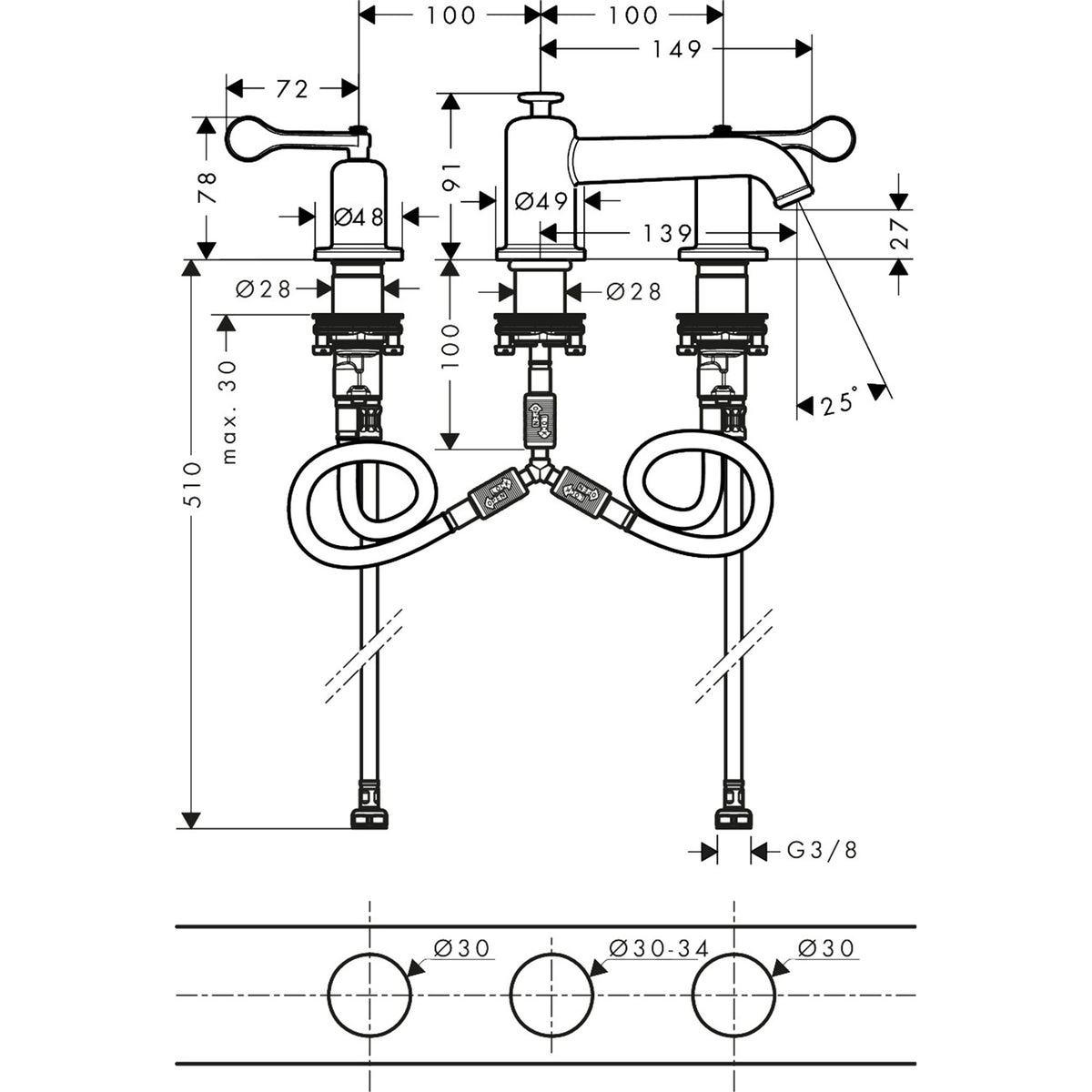 AXOR-Archivio-3-hole-basin-mixer-30-with-lever-handles-and-pop-up-waste-set-34026-technical-01