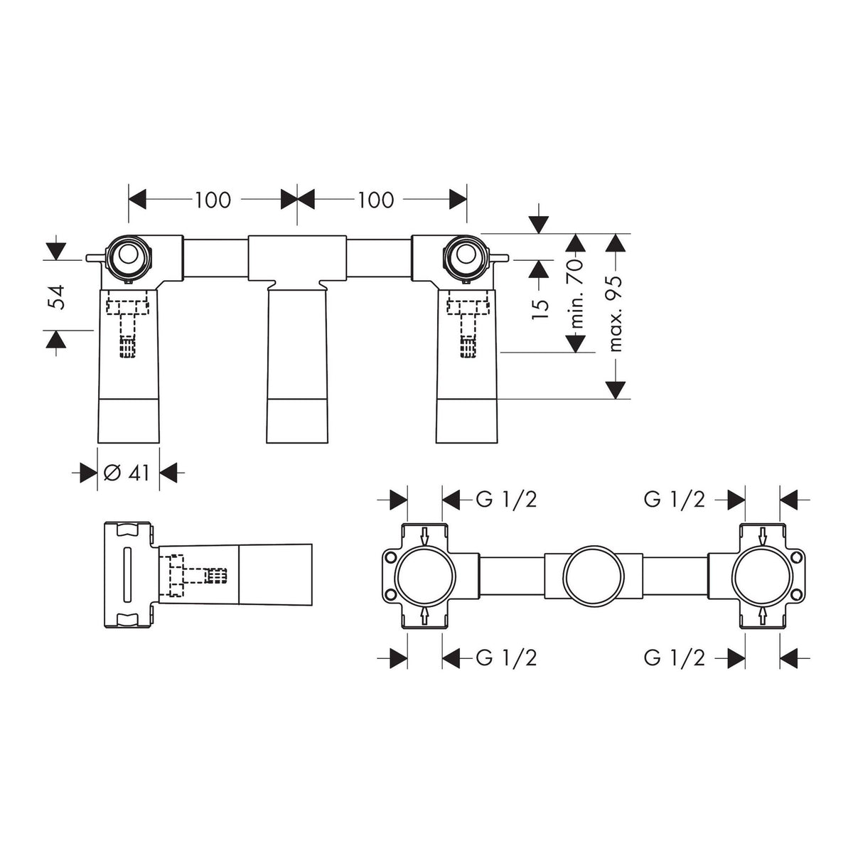 AXOR Basic set for 3 hole basin mixer for concealed installation wall mounted 10303 technical 01