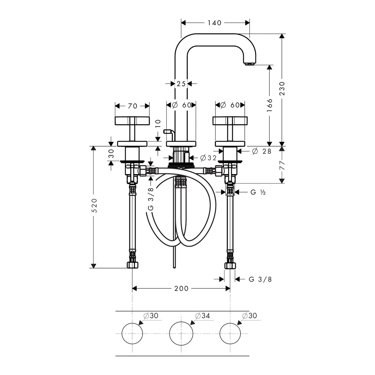 AXOR Citterio 3-hole basin mixer 170 with spout 140 mm, cross handles, escutcheons and pop-up waste set Scale drawing / שרטוט מידות