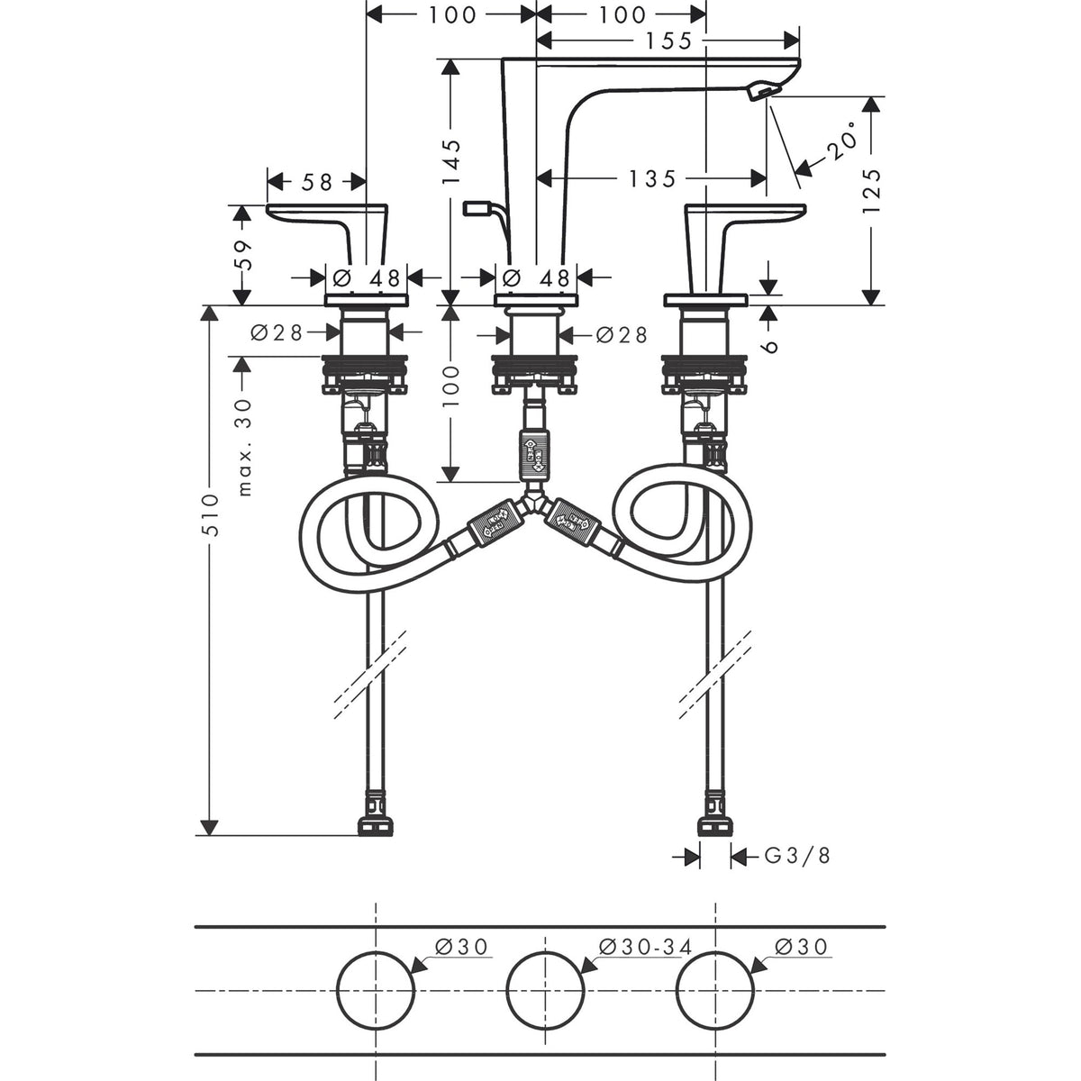 AXOR-Citterio-C-3-hole-basin-mixer-125-with-pop-up-waste-set-cubic-cut-49061-technical-01