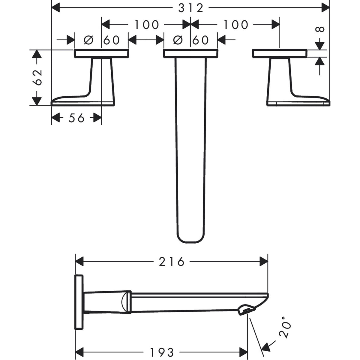 AXOR-Citterio-C-3-hole-basin-mixer-for-concealed-installation-wall-mounted-with-spout-195-mm-49070-technical-01