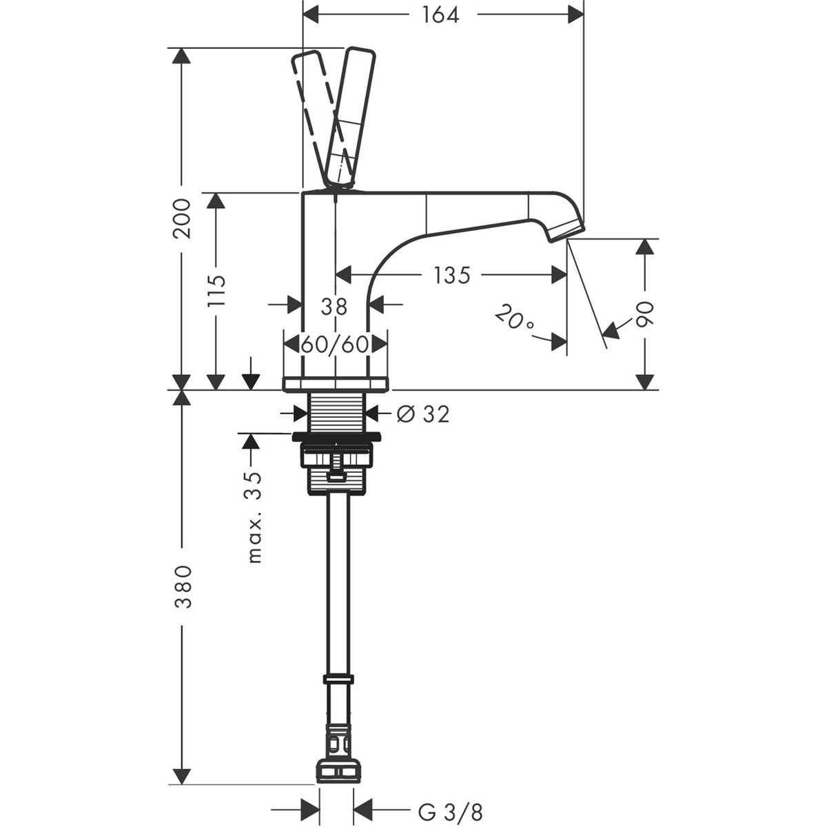 AXOR-Citterio-E-Pillar-tap-90-with-pin-handle-without-waste-set-36105-technical-01