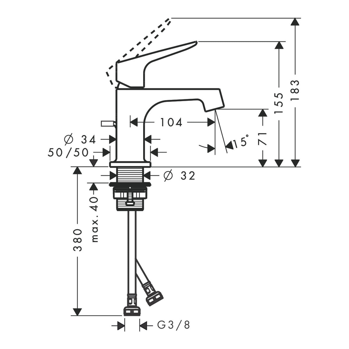 AXOR Citterio M Single lever basin mixer 70 for hand wash basins with pop-up waste set Scale drawing / שרטוט מידות