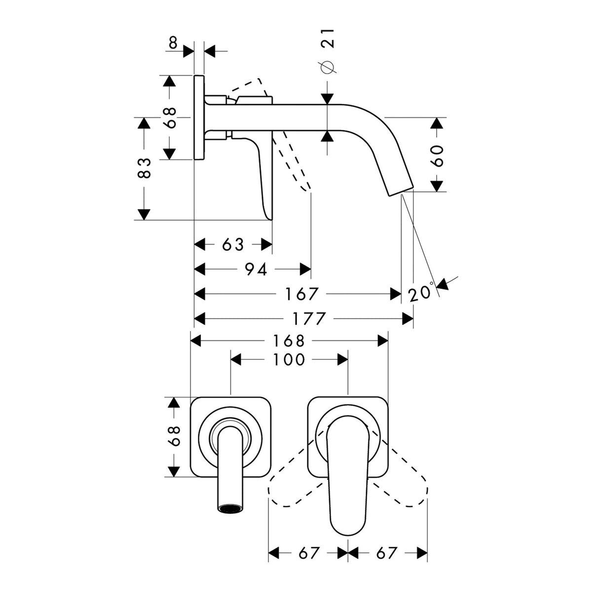 AXOR Citterio M Single lever basin mixer for concealed installation wall-mounted with spout 167 mm and escutcheons Scale drawing / שרטוט מידות