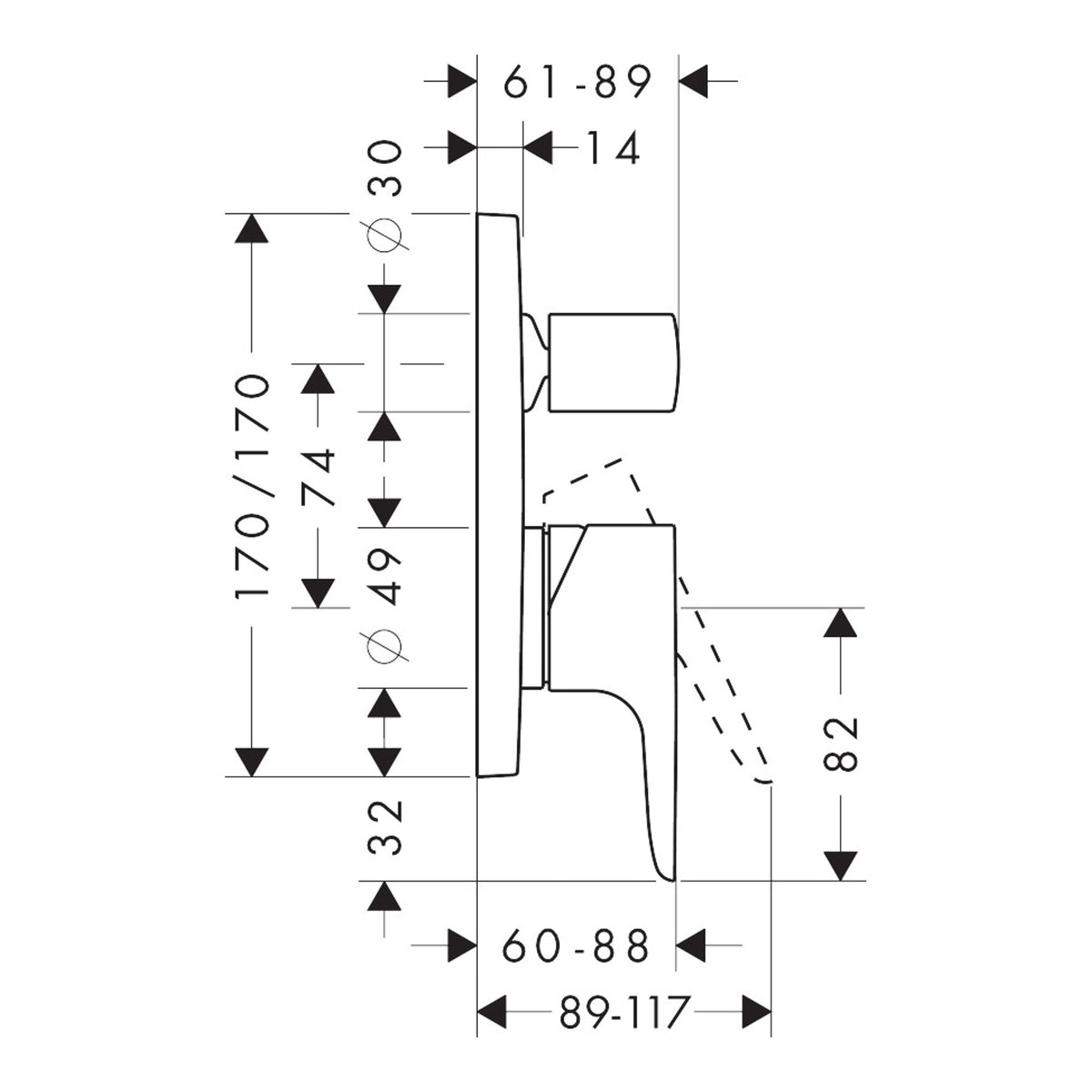 AXOR Citterio M Single lever bath mixer for concealed installation with integrated security combination according to EN1717 Scale drawing / שרטוט מידות