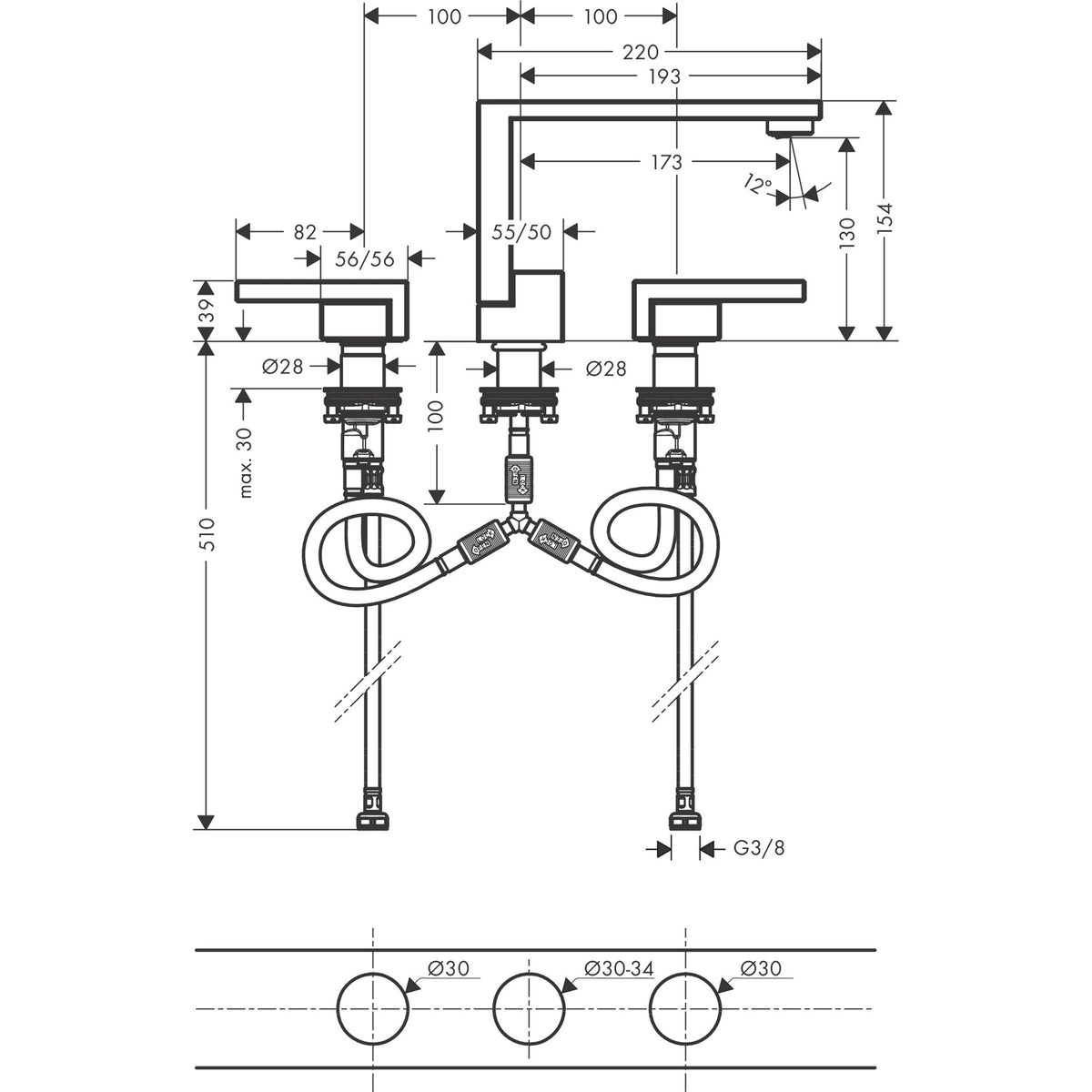 AXOR-Edge-3-hole-basin-mixer-130-with-push-open-waste-set-diamond-cut-46051-technical-02