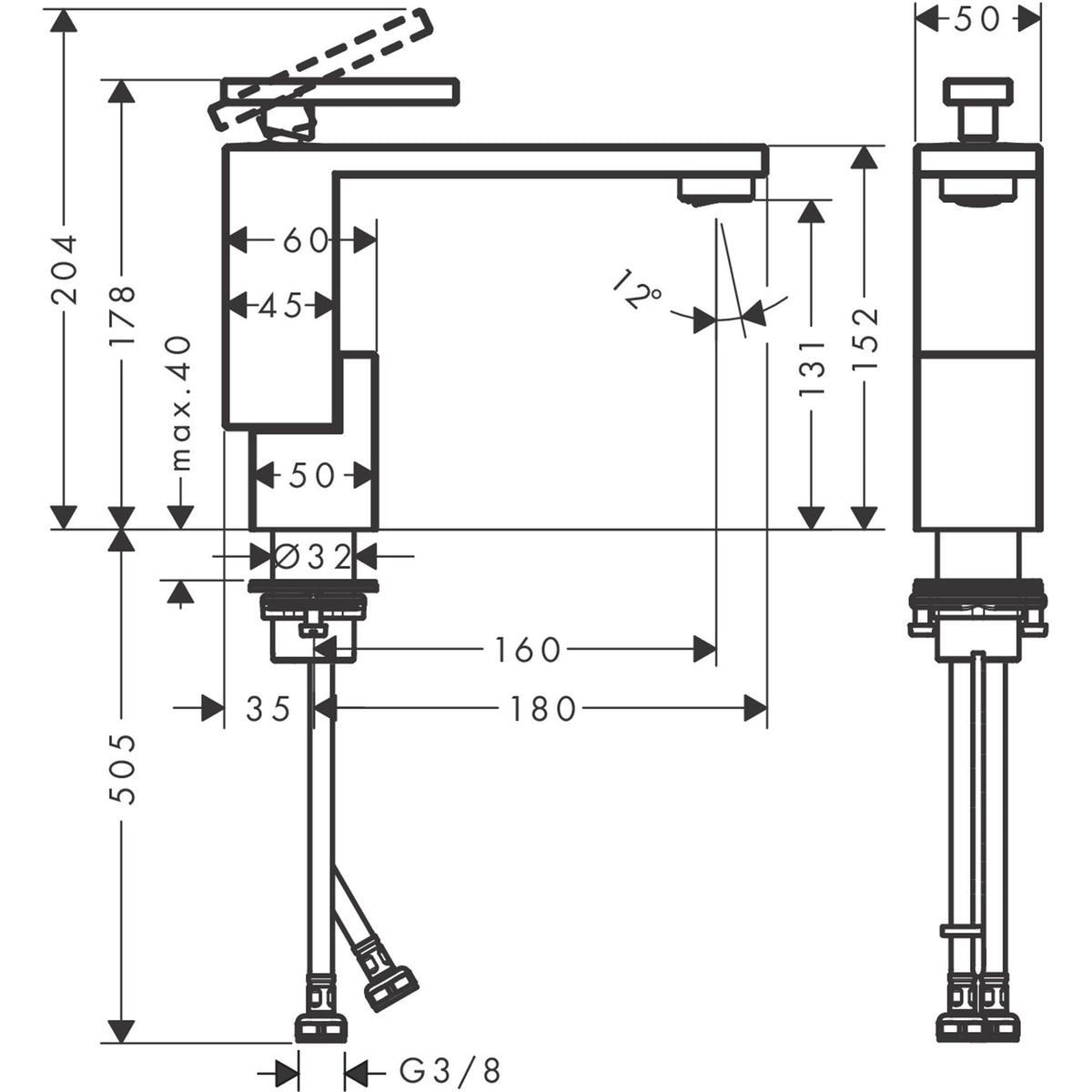 AXOR-Edge-Single-lever-basin-mixer-130-with-push-open-waste-set-diamond-cut-46011-technical-02