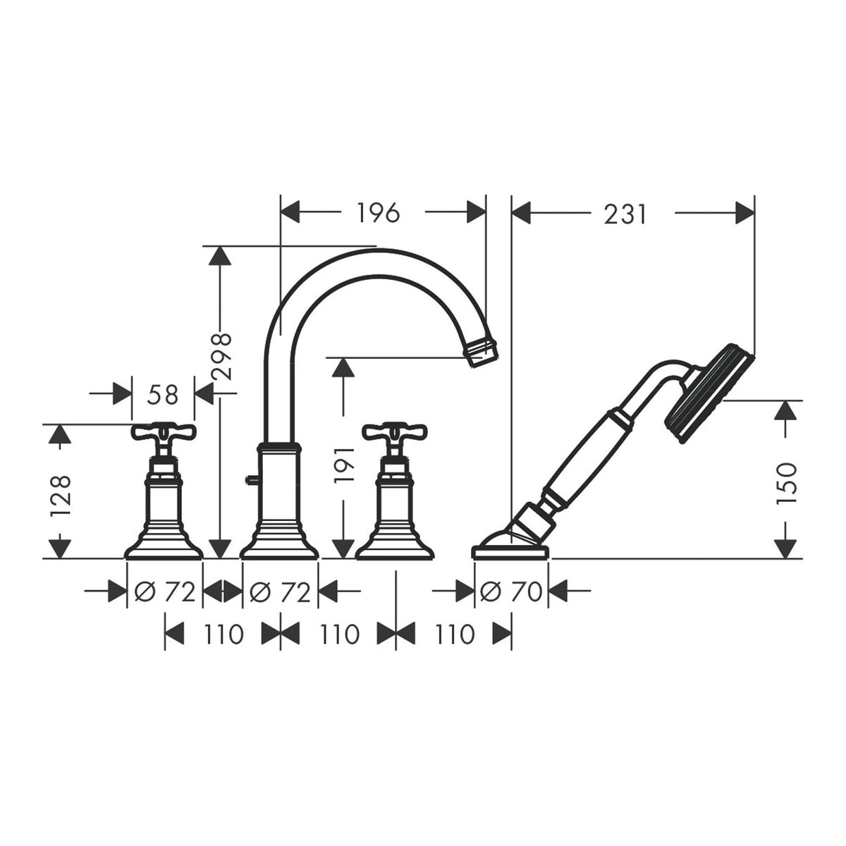 AXOR Montreux 4 hole tile mounted bath mixer with cross handles 16544 technical 02