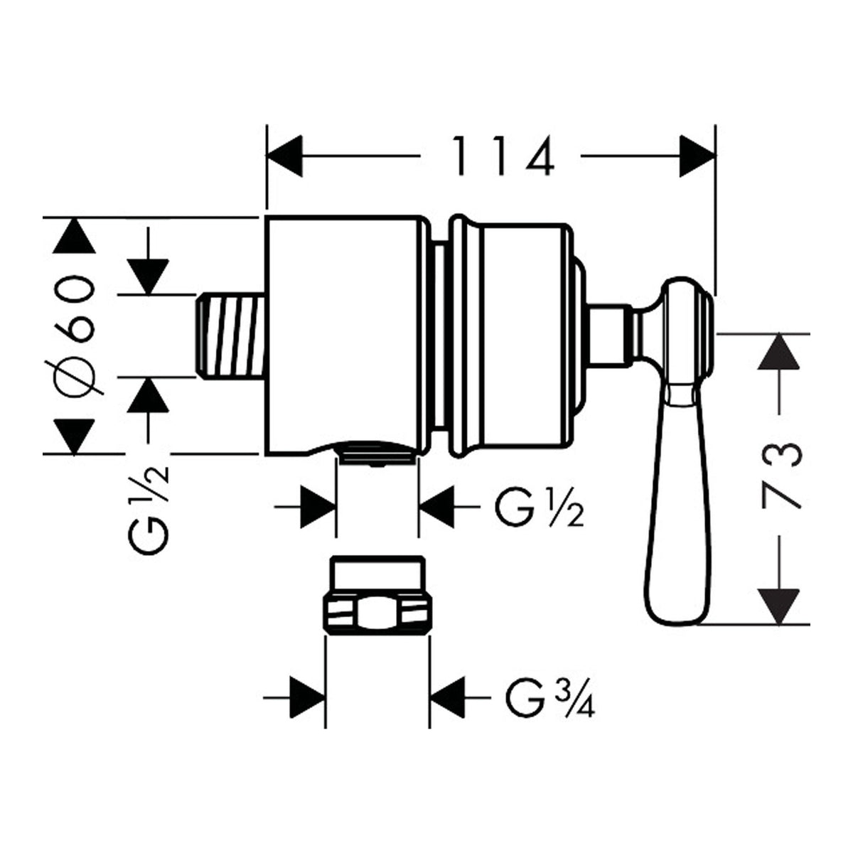 AXOR Montreux Wall outlet stop with non return valve shut off valve and lever handle 16883 technical 01