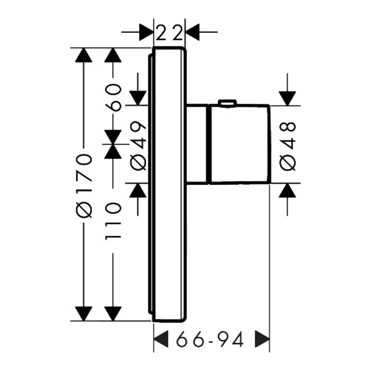 AXOR ShowerSelect Thermostat HighFlow for concealed installation round for 1 function and additional outlet Scale drawing / שרטוט מידות