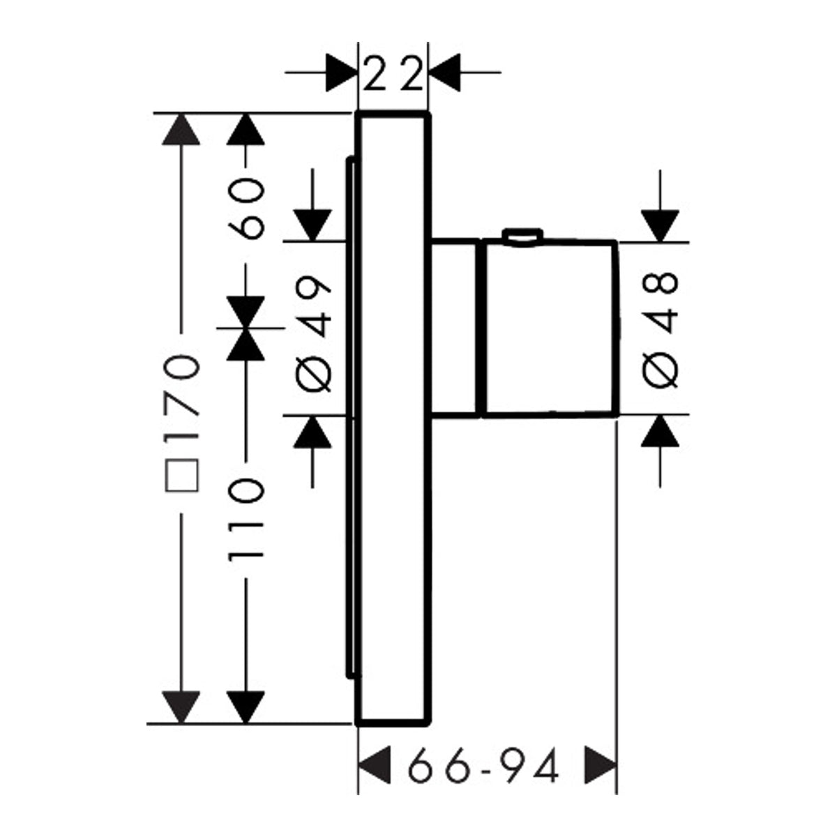 AXOR ShowerSelect Thermostat HighFlow for concealed installation square for 1 function and additional outlet Scale drawing / שרטוט מידות