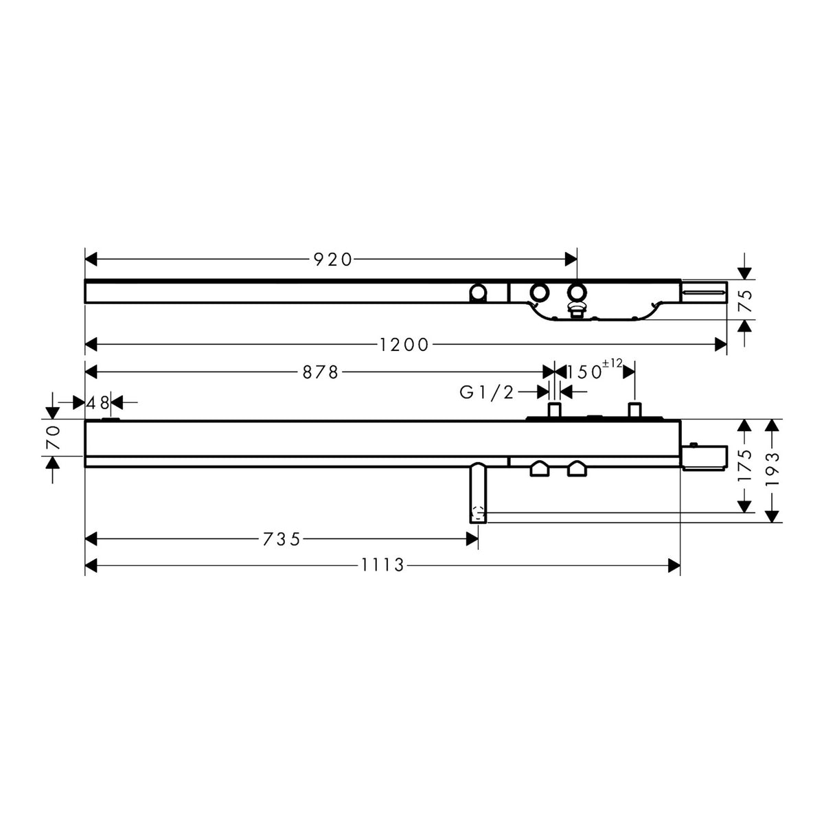 AXOR ShowerSolutions Bath thermostat 1200 for exposed installation Scale drawing / שרטוט מידות