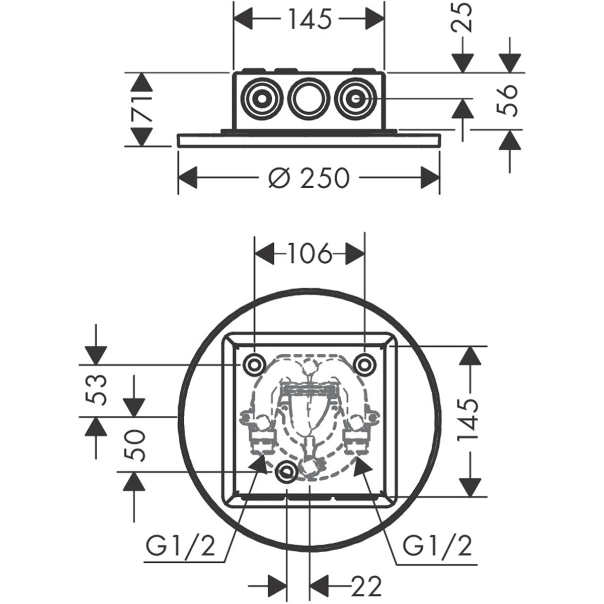 AXOR-ShowerSolutions-Overhead-shower-250-2jet-ceiling-integrated-35298-technical-02