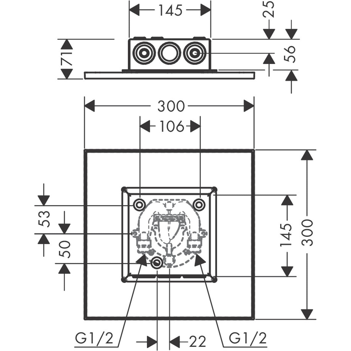 AXOR-ShowerSolutions-Overhead-shower-300-300-2jet-ceiling-integrated-35321-technical-02