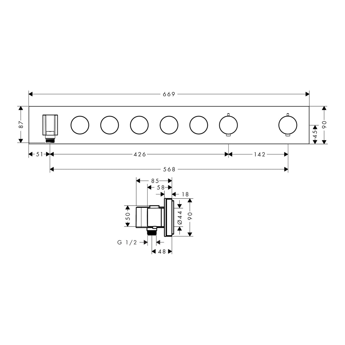 AXOR ShowerSolutions Thermostatic module Select 670/90 for concealed installation for 5 functions Scale drawing / שרטוט מידות