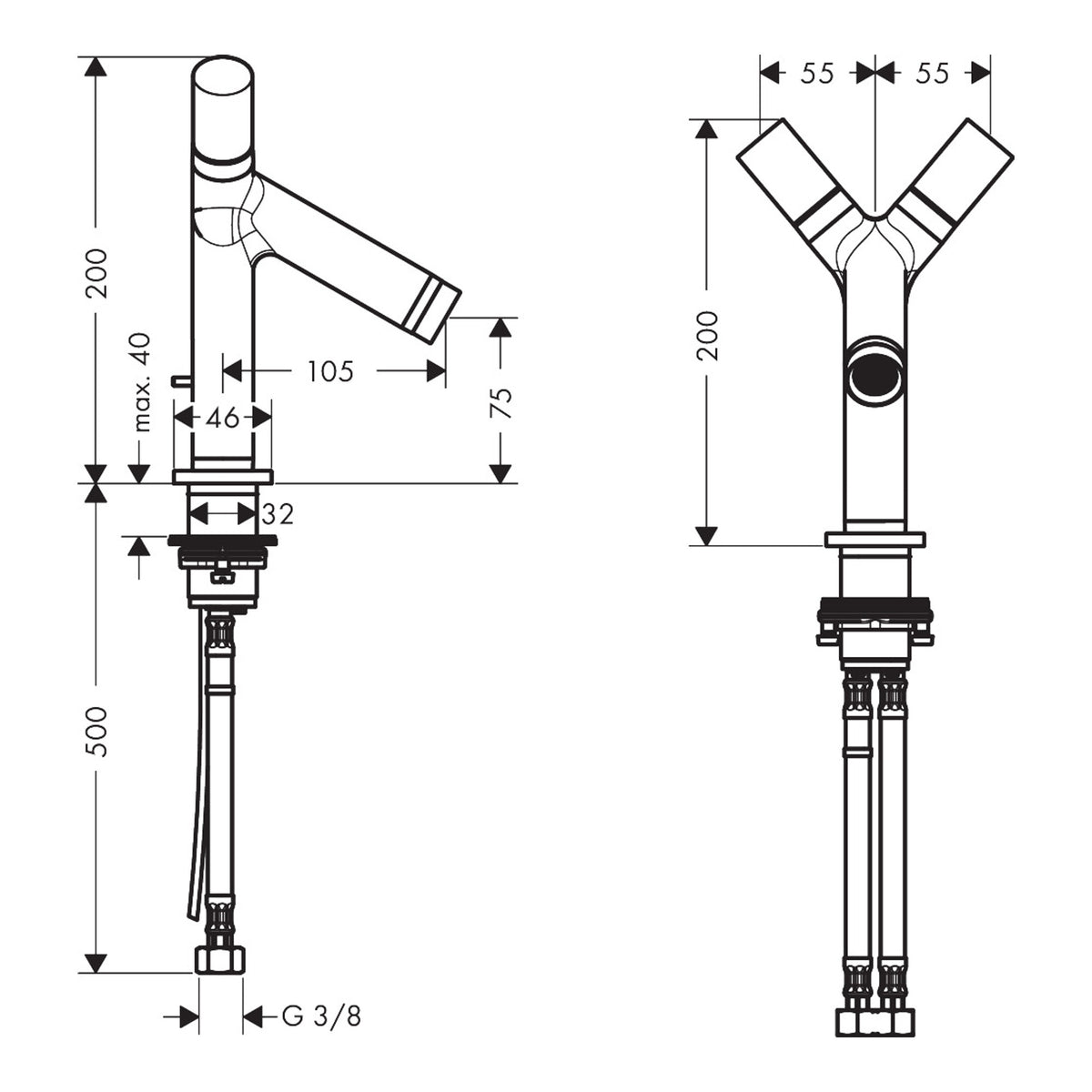 AXOR Starck 2-handle basin mixer 80 with pop-up waste set Scale drawing / שרטוט מידות
