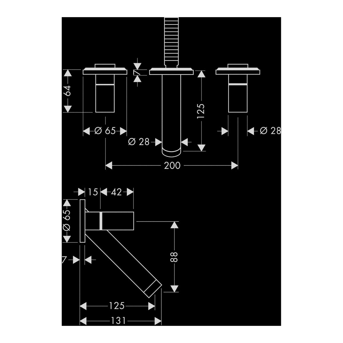 AXOR Starck 3-hole basin mixer for concealed installation wall-mounted with spout 125 mm Scale drawing / שרטוט מידות