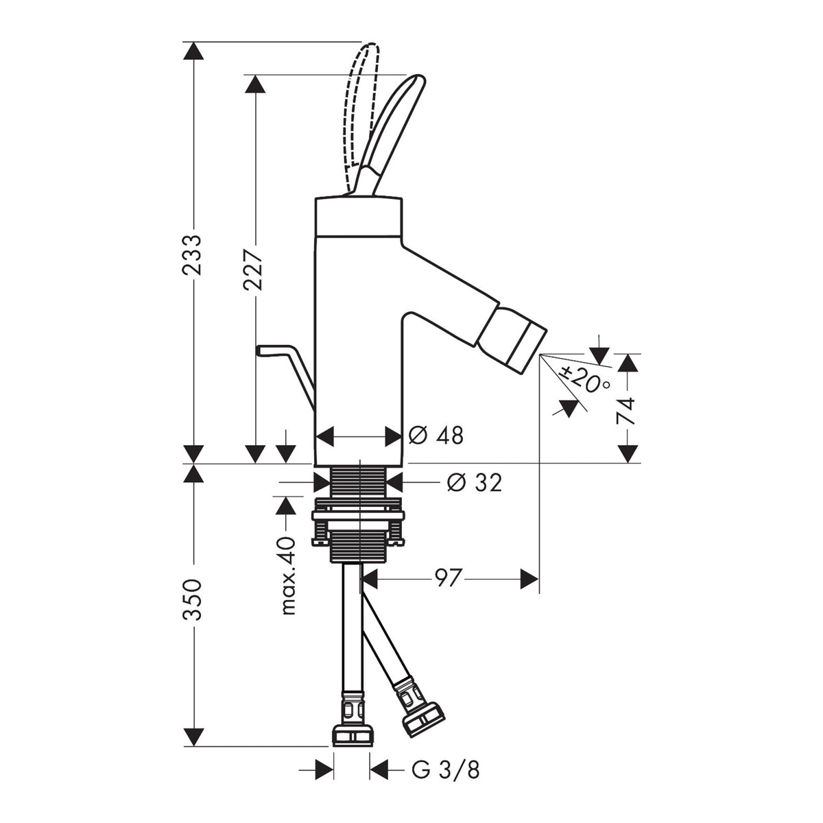 AXOR Starck Classic Single lever bidet mixer with pop-up waste set Scale drawing / שרטוט מידות