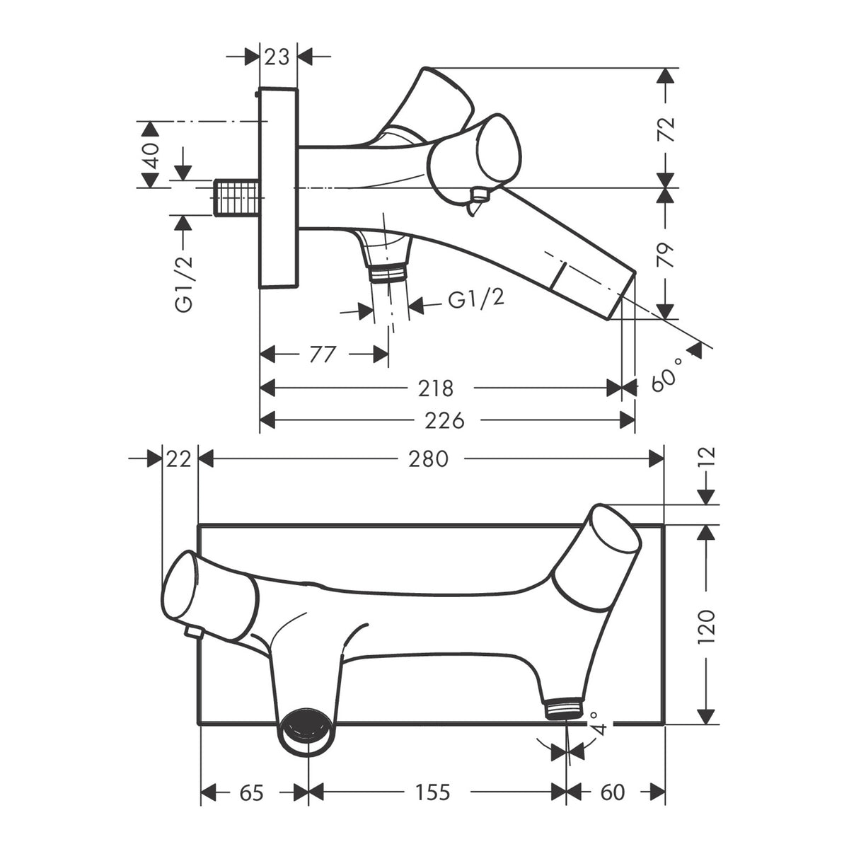 AXOR Starck Organic Bath thermostat for exposed installation Scale drawing / שרטוט מידות