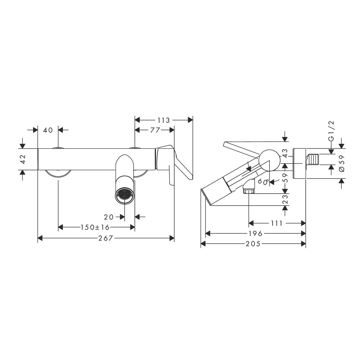 AXOR Starck Single lever bath mixer for exposed installation with lever handle Scale drawing / שרטוט מידות