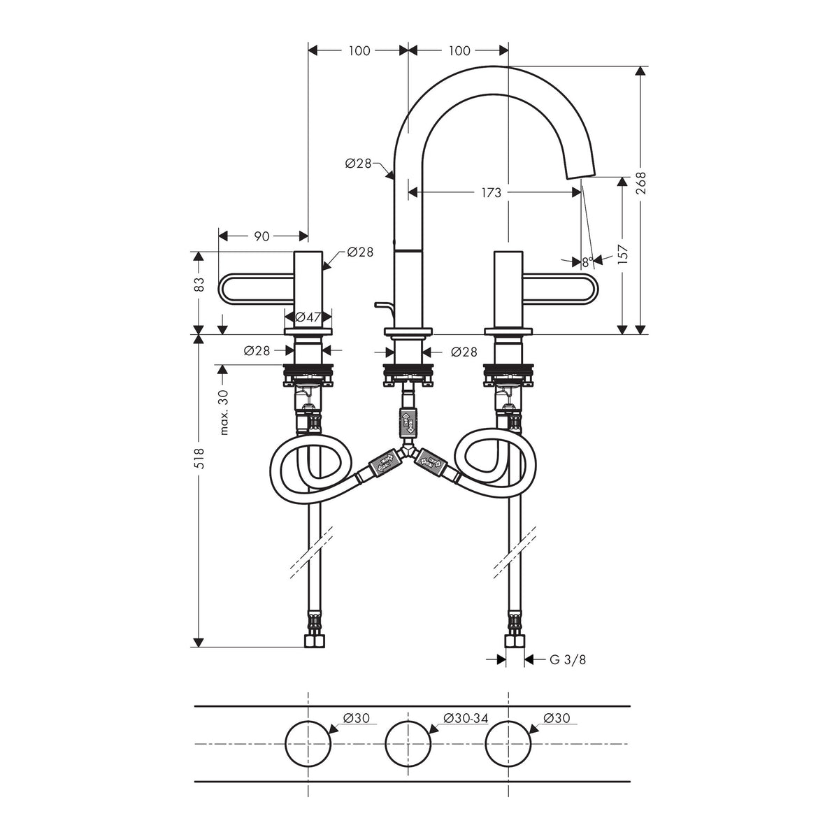 AXOR Uno 3-hole basin mixer 160 with loop handles and pop-up waste set Scale drawing / שרטוט מידות