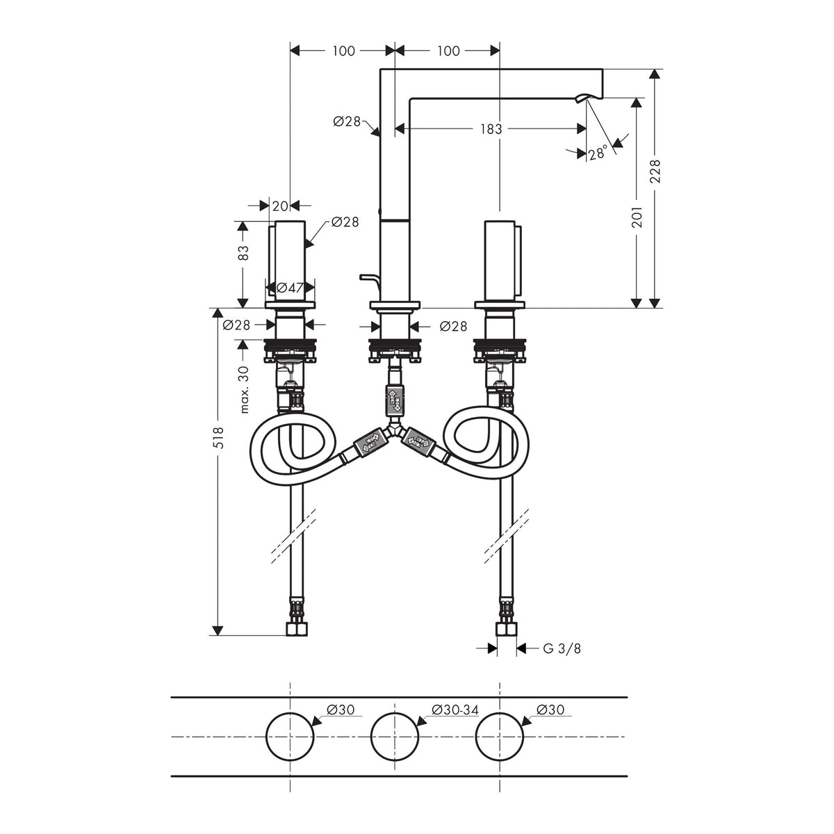 AXOR Uno 3-hole basin mixer 200 with zero handles and pop-up waste set Scale drawing / שרטוט מידות