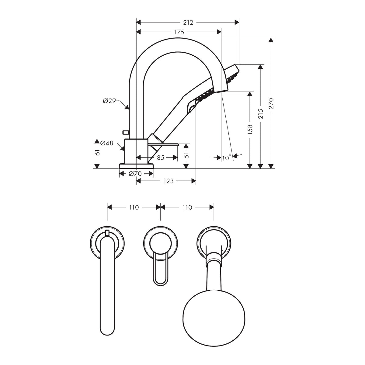 AXOR Uno 3-hole rim mounted bath mixer with loop handle Scale drawing / שרטוט מידות