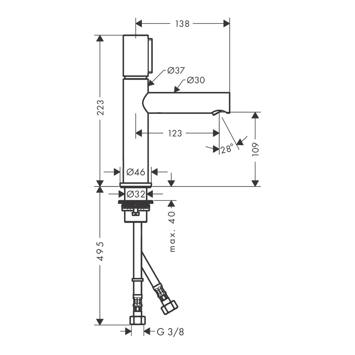 AXOR Uno Basin mixer Select 110 with waste set Scale drawing / שרטוט מידות
