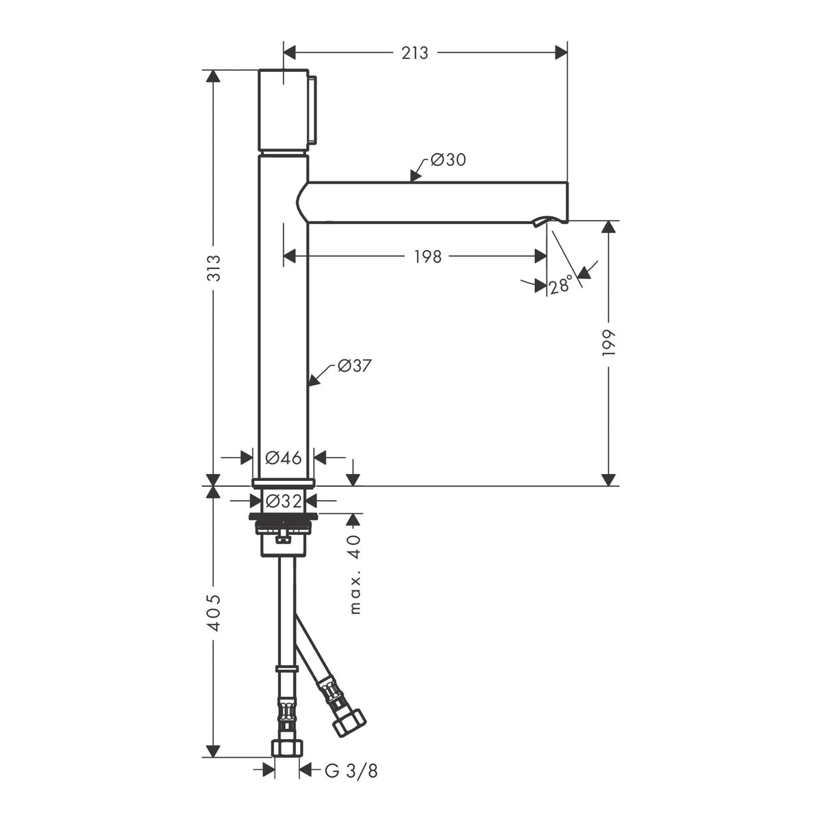 AXOR Uno Basin mixer Select 200 for wash bowls with waste set Scale drawing / שרטוט מידות