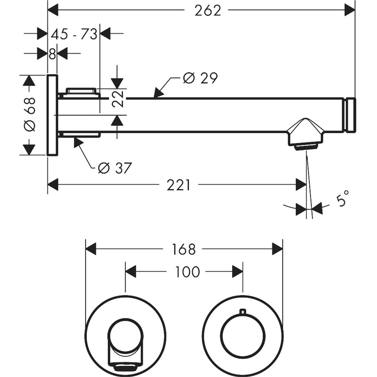 AXOR-Uno-Basin-mixer-for-concealed-installation-wall-mounted-Select-with-spout-221-mm-45113-technical-02
