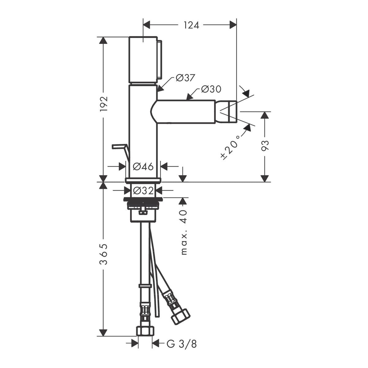 AXOR Uno Bidet mixer Select with pop-up waste set Scale drawing / שרטוט מידות
