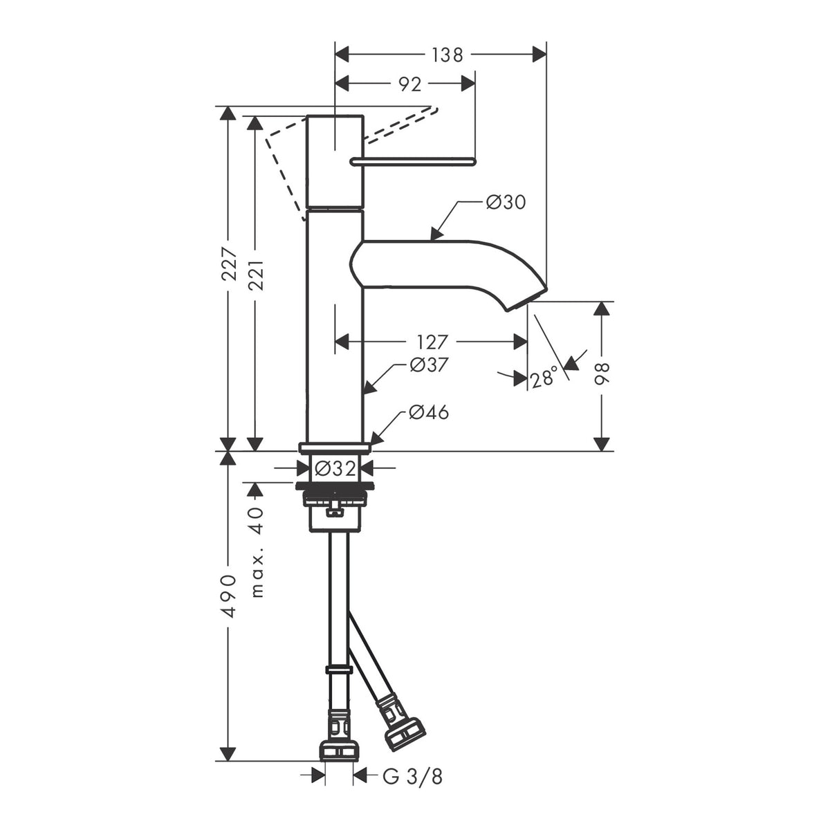 AXOR Uno Single lever basin mixer 100 with loop handle and waste set Scale drawing / שרטוט מידות