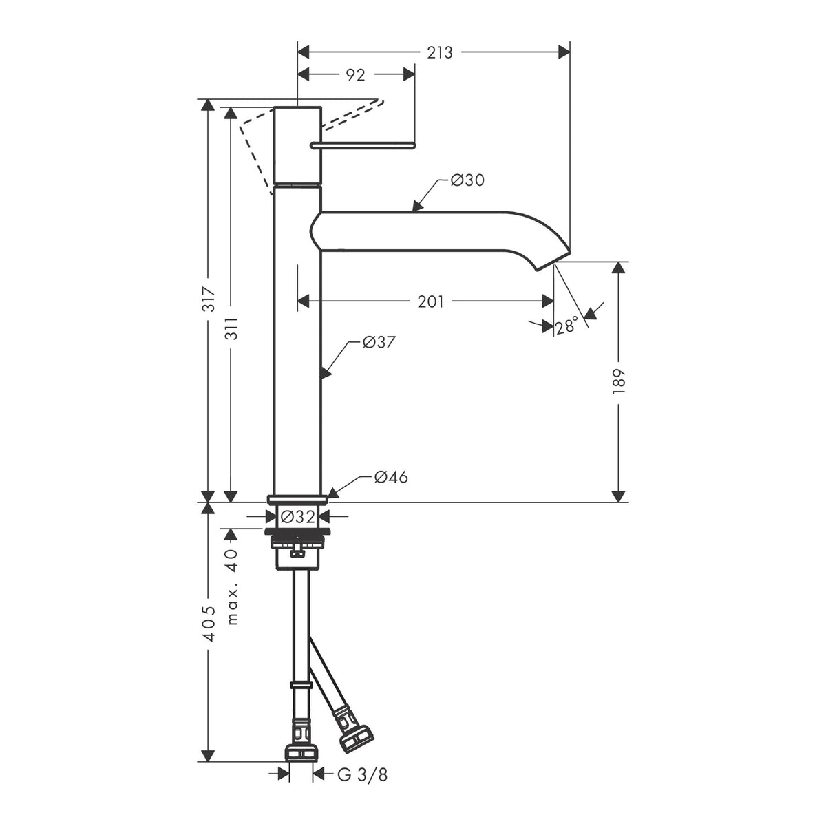 AXOR Uno Single lever basin mixer 190 with loop handle for wash bowls and waste set Scale drawing / שרטוט מידות