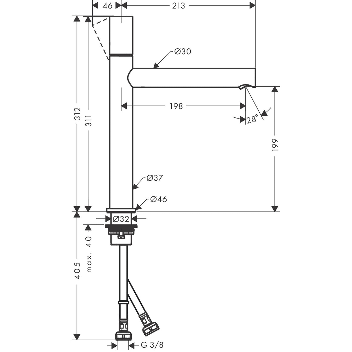 AXOR-Uno-Single-lever-basin-mixer-200-with-zero-handle-for-wash-bowls-and-waste-set-45003-technical-02