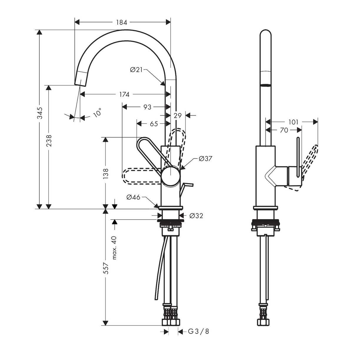 AXOR Uno Single lever basin mixer 240 with loop handle and pop-up waste set Scale drawing / שרטוט מידות