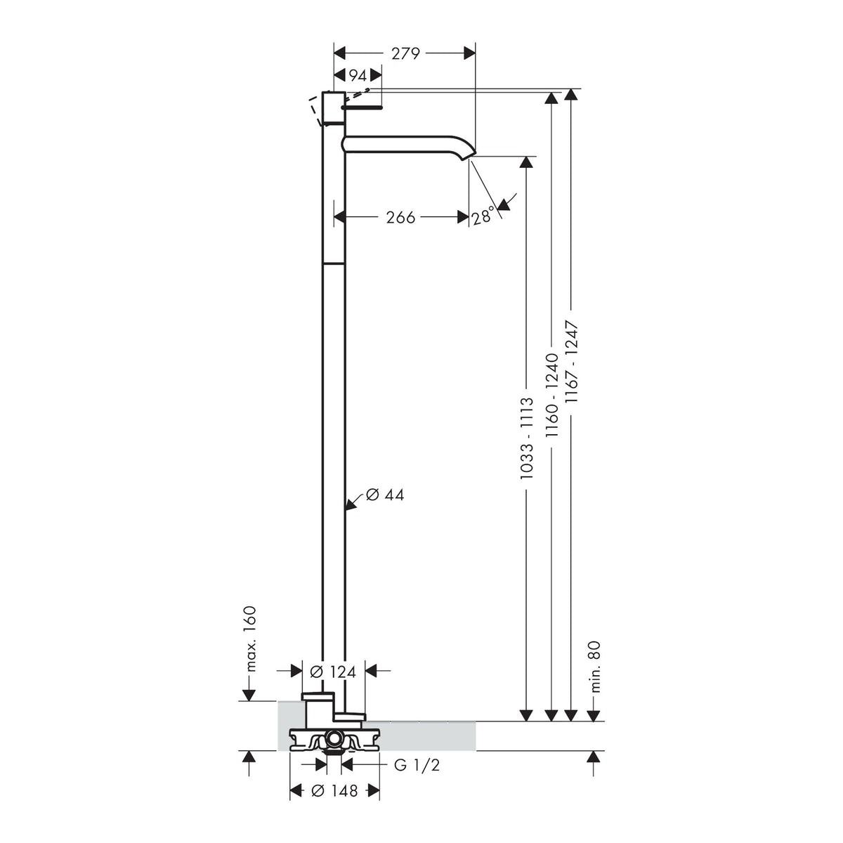 AXOR Uno Single lever basin mixer floor-standing with loop handle without waste set Scale drawing / שרטוט מידות
