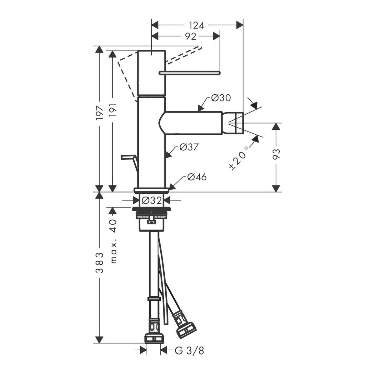 AXOR Uno Single lever bidet mixer with loop handle and pop-up waste set Scale drawing / שרטוט מידות
