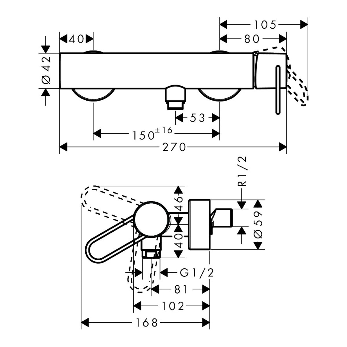 AXOR Uno Single lever shower mixer for exposed installation with loop handle Scale drawing / שרטוט מידות