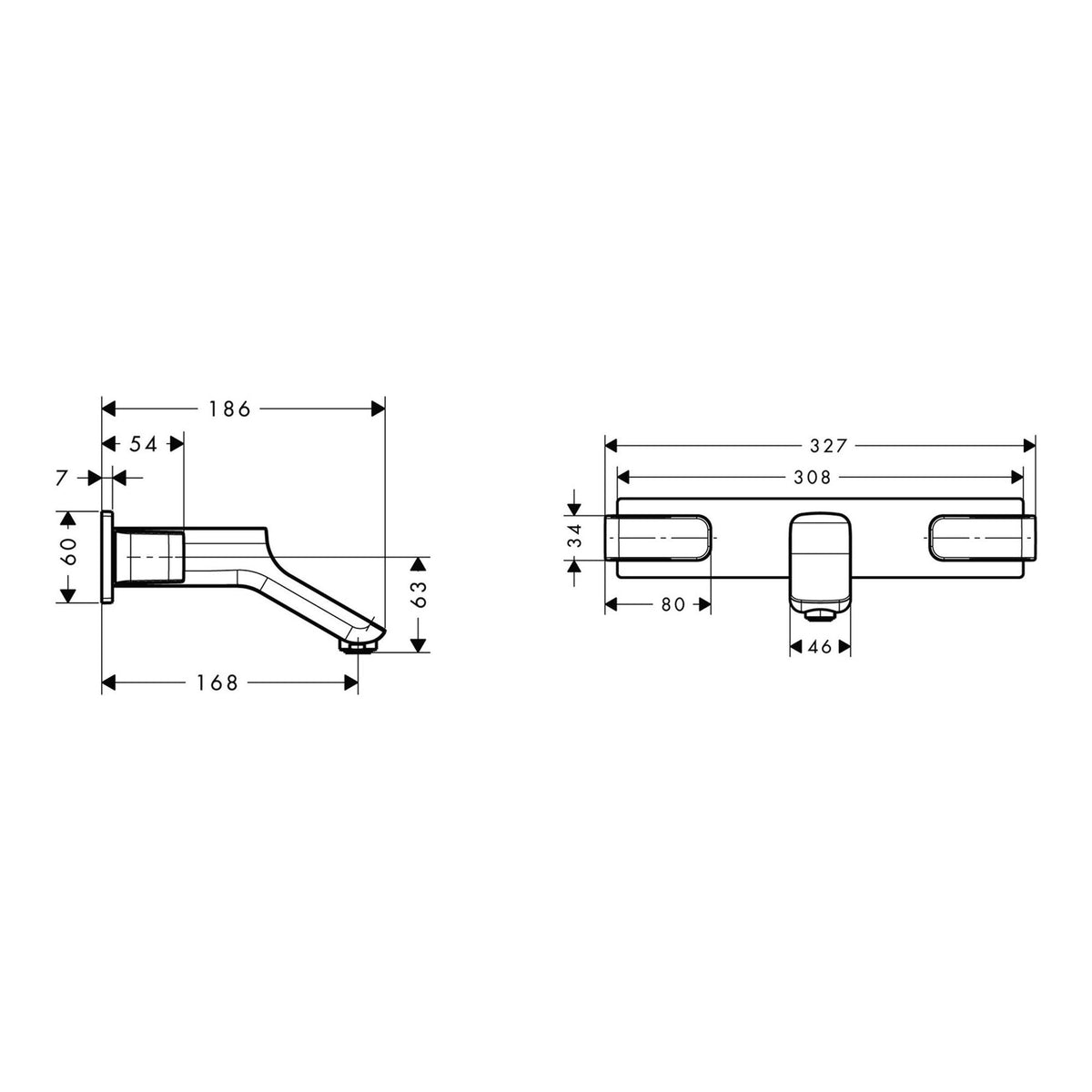 AXOR Urquiola 3 hole basin mixer for concealed installation wall mounted with spout 168 mm 11042 technical 01