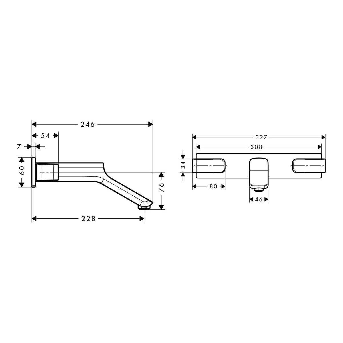 AXOR Urquiola 3 hole basin mixer for concealed installation wall mounted with spout 228 mm 11043 technical 01