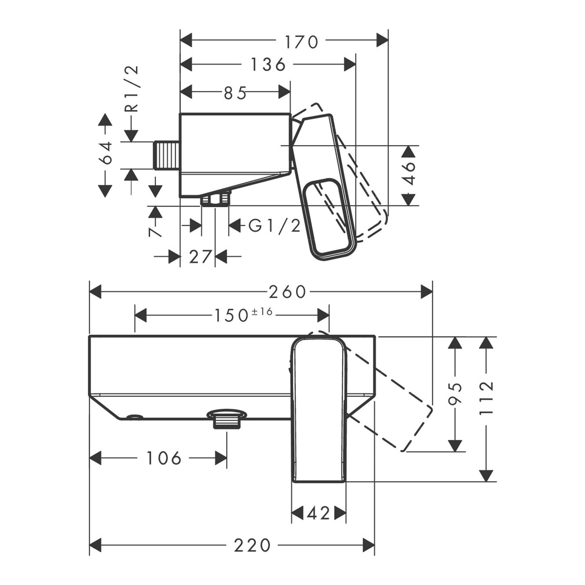 AXOR Urquiola Single lever shower mixer for exposed installation Scale drawing / שרטוט מידות