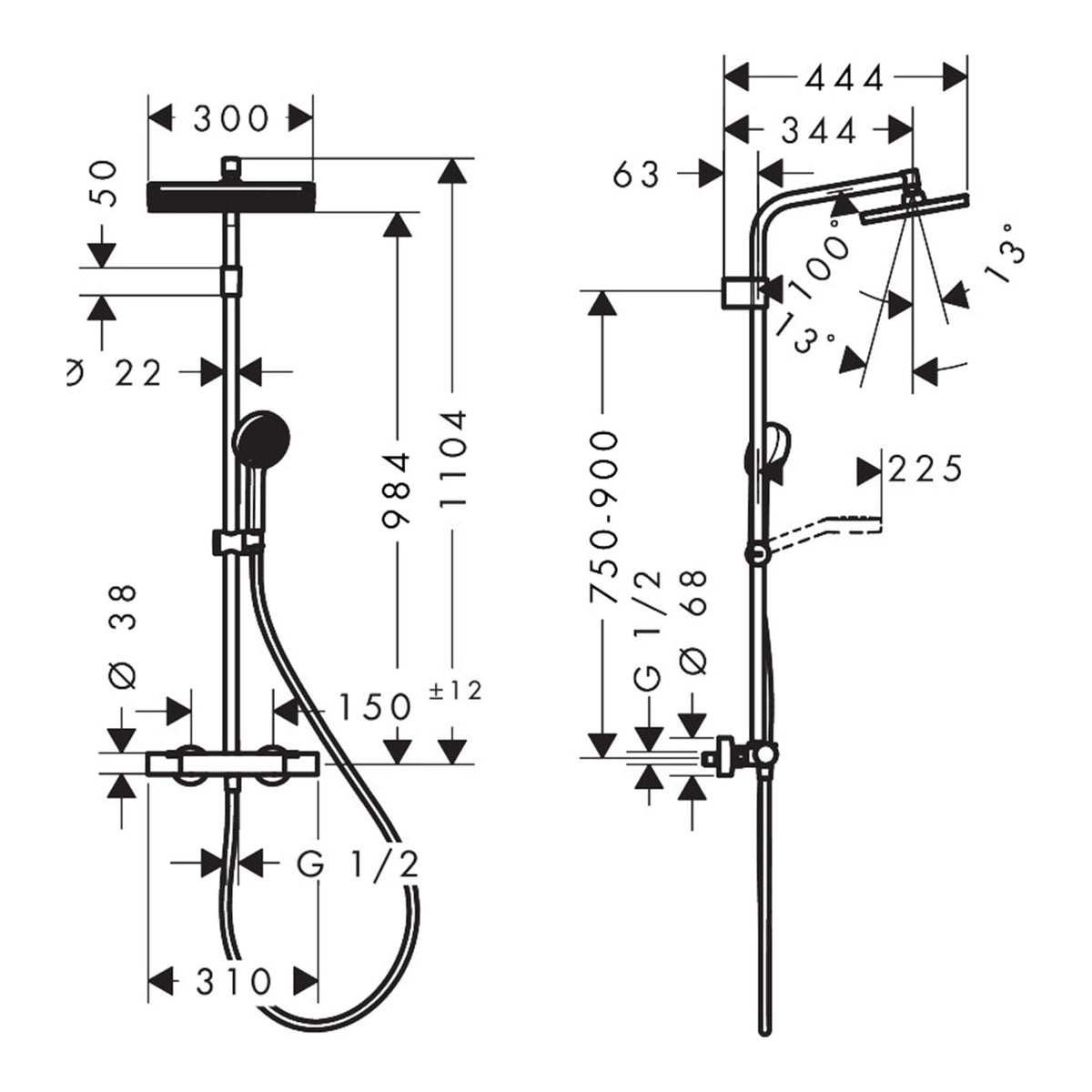 Hansgrohe Activera Q Showerpipe 290 180 1jet EcoSmart with Ecostat Fine 28748000 technical 01.jpg