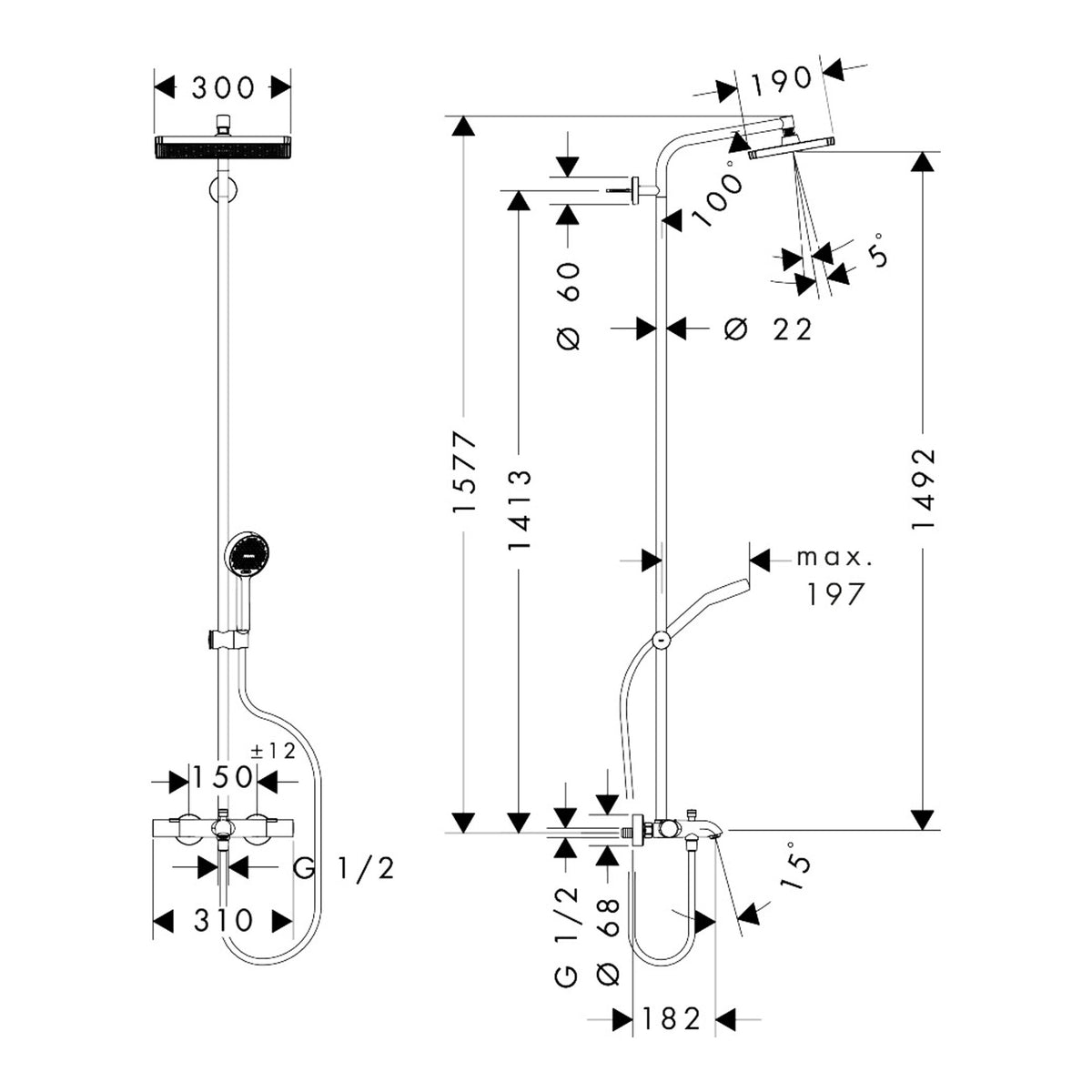 Hansgrohe Activera Q Showerpipe 290/180 1jet EcoSmart with bath thermostat Ecostat Fine Scale drawing / שרטוט מידות
