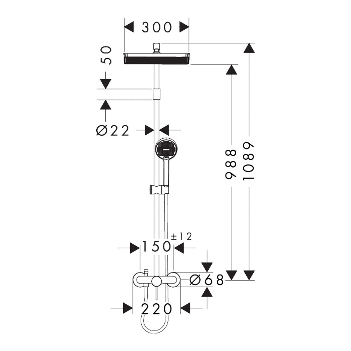 Hansgrohe Activera Q Showerpipe 290/180 1jet EcoSmart with single lever mixer Varia Scale drawing / שרטוט מידות