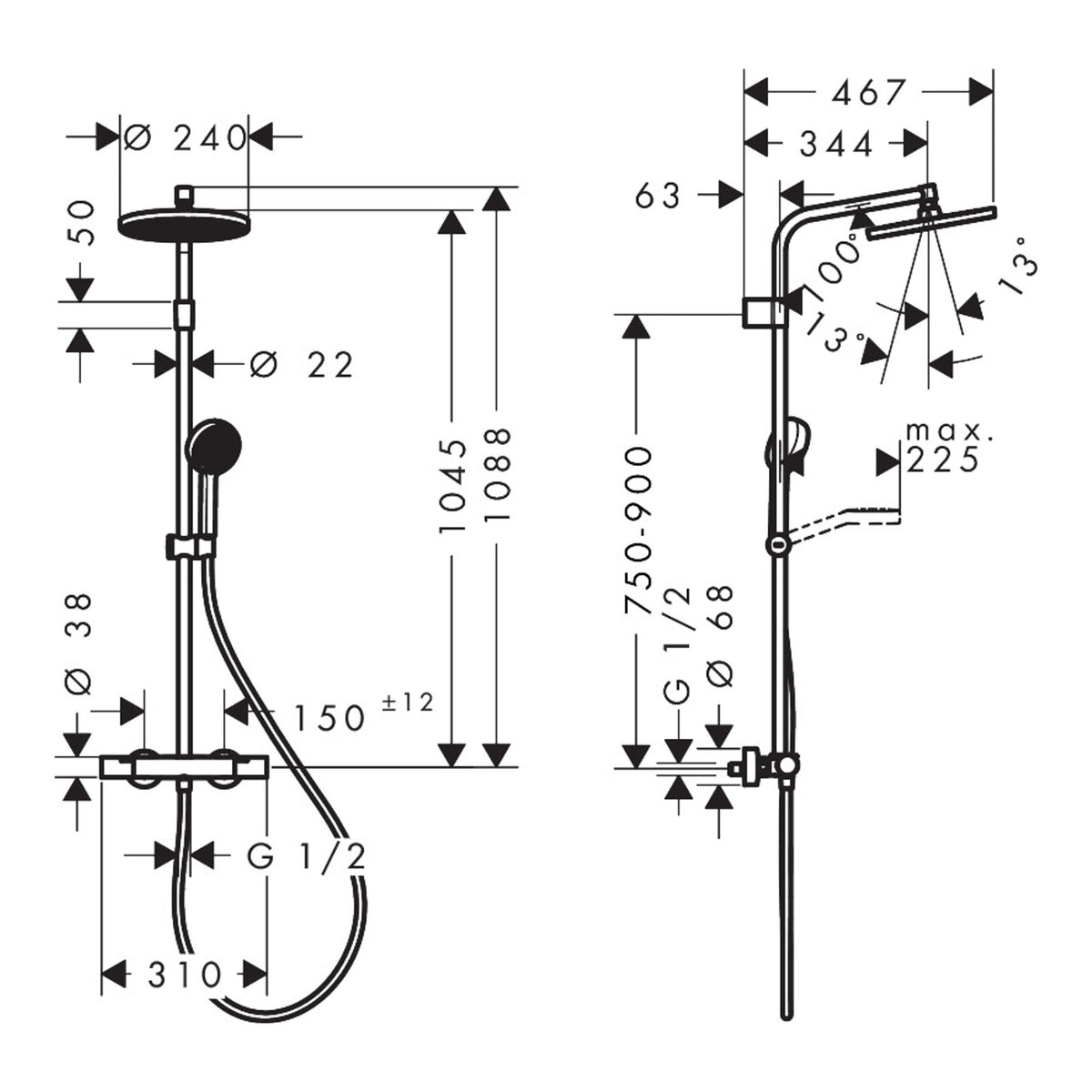 Hansgrohe Activera S Showerpipe 240 1jet EcoSmart mit Ecostat Fine Varia 28078000 technical 02.jpg