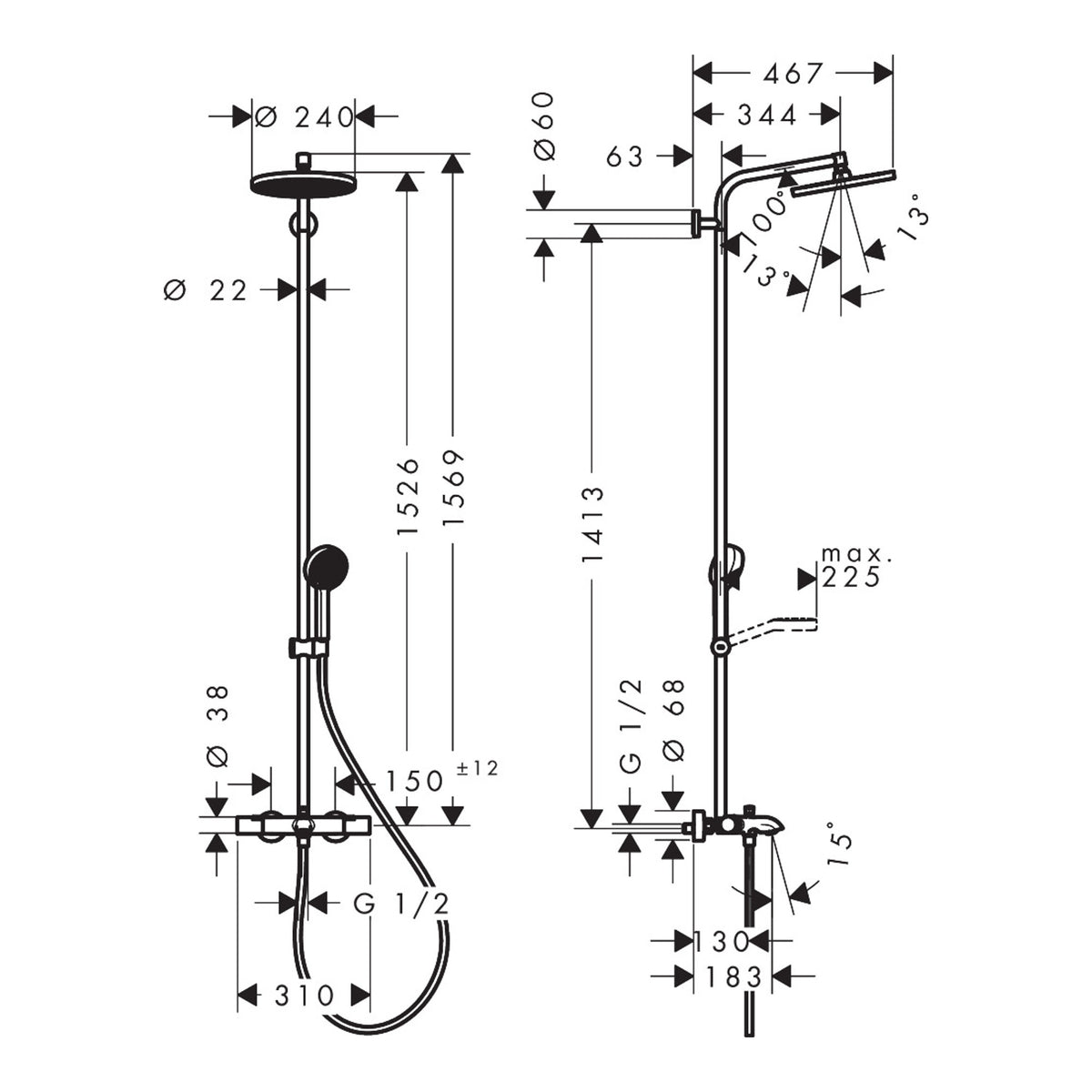 Hansgrohe Activera S Showerpipe 240 1jet EcoSmart with bath thermostat Ecostat Fine 28871000 technical 02.jpg