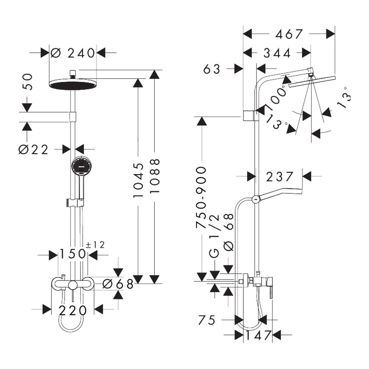 Hansgrohe Activera S Showerpipe 240 1jet EcoSmart with single lever mixer Varia 28875000 technical 02.jpg
