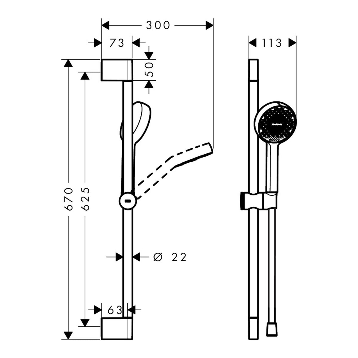 Hansgrohe Activera Select S Shower set 95 2jet EcoSmart with booster and shower bar 65 cm 28863000 technical 01.jpg