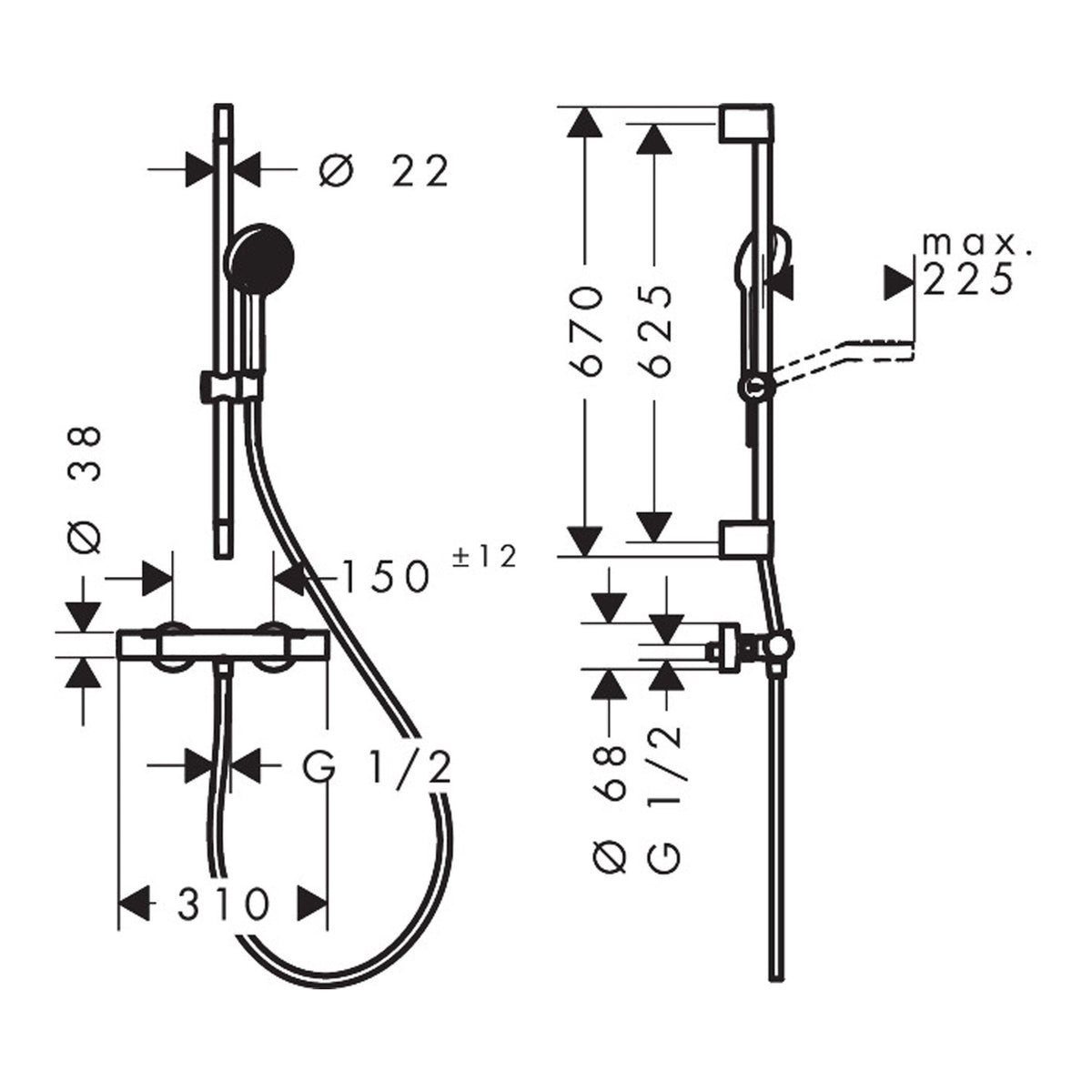 Hansgrohe Activera Select S Shower system for exposed installation 95 2jet EcoSmart with Ecostat Fine and shower bar 65 cm 28876000 technical 01.jpg